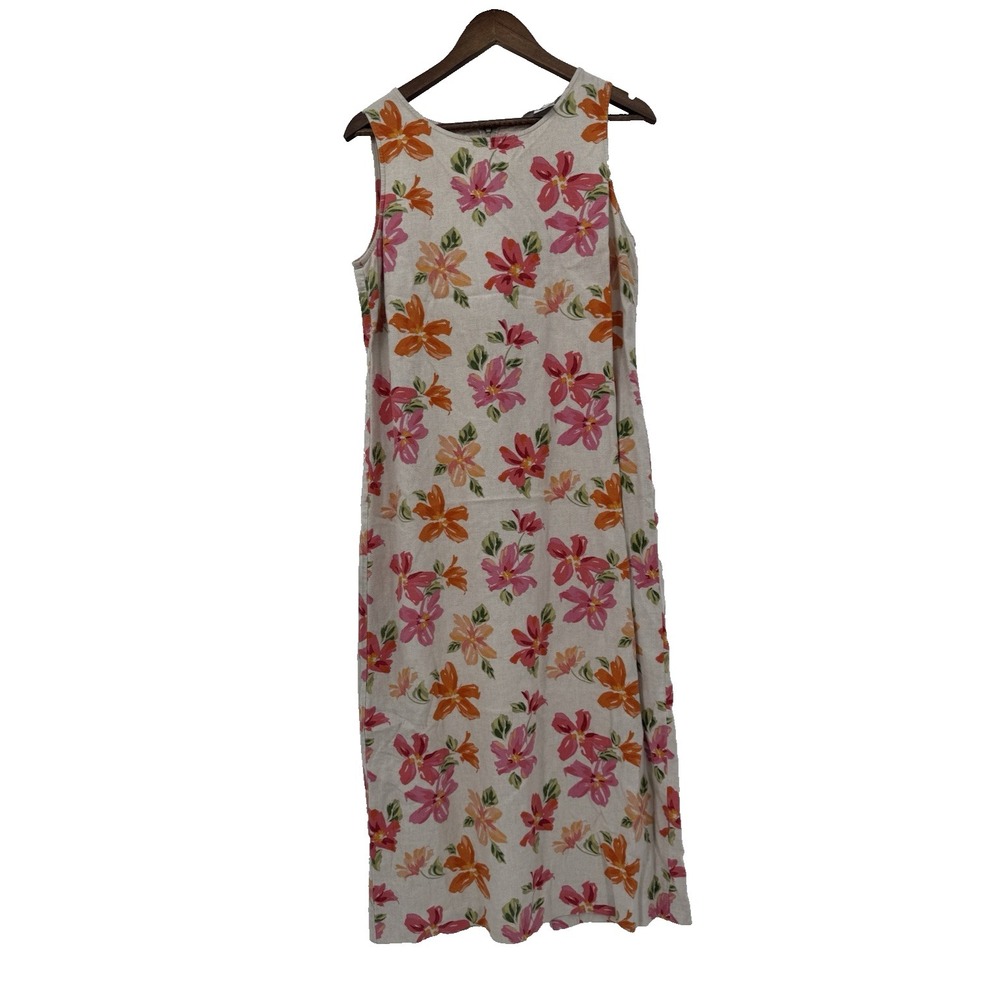 VTG y2K 90s Tan Floral Sleeveless Linen‎ Blend Maxi Cottage Coastal tropical 12